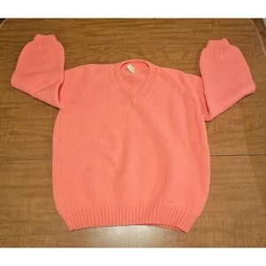 Vintage Homemade 80s Peach Orange Shaker Knit Sweater V-Neck M L K